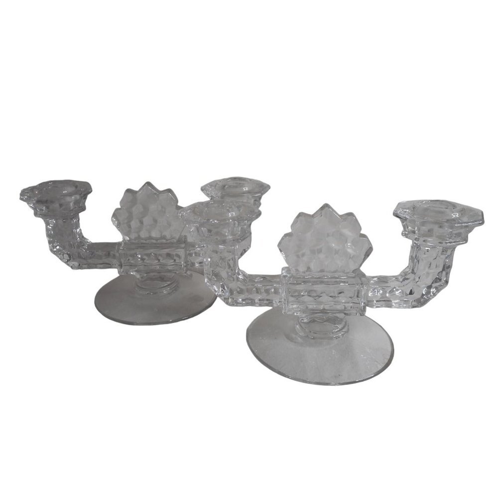 Set of 2 Fostoria American Glass Twin Candlestick Flame Flat foot Art Deco